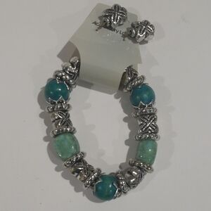Elegant Silver tone & Turquoise Beads Bracelet and Earring Set - Women's Jewelry